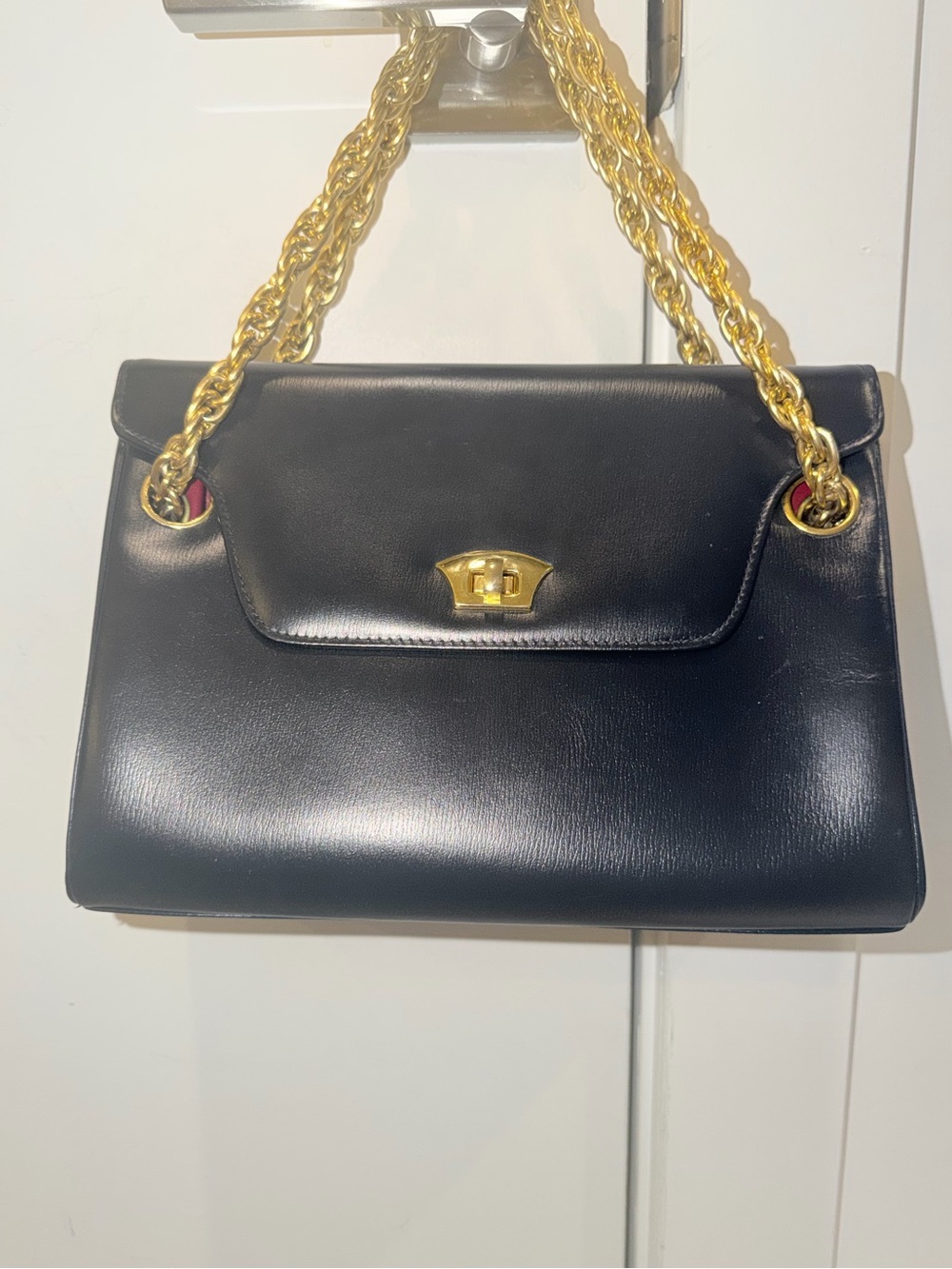 Classic Vtg Saks Fifth Avenue Navy Blue Shoulder Bag with Gold-Tone Chain Straps